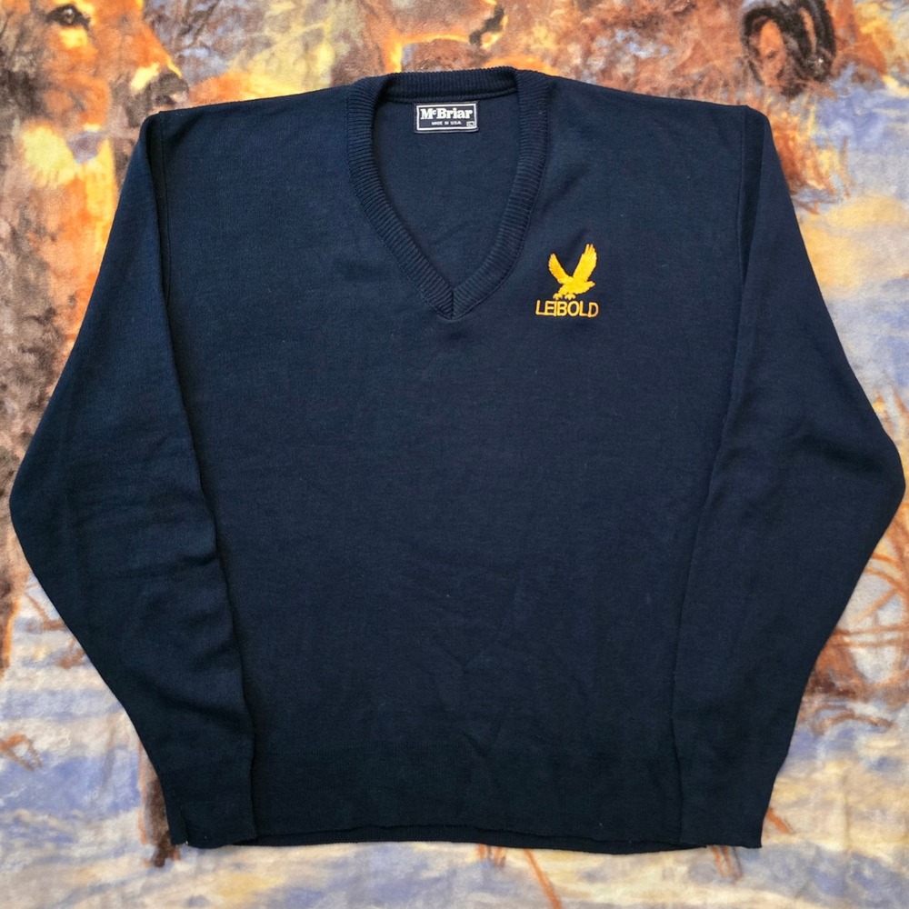 Vintage McBriar Leibold Embroidery Eagle Navy VNeck Light Knit Sweater sz Large